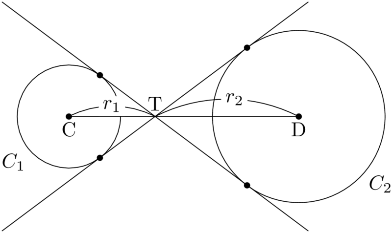 共通内接線は中心を結ぶ線分の内分点を通る